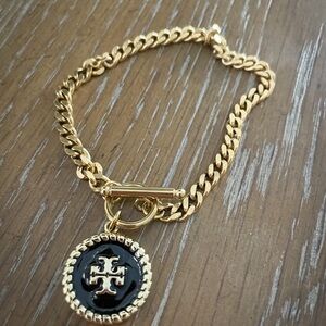 Tory Burch Gold Chain Bracelet with Black logo Medallion